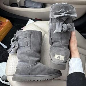 UGG Australia Allegra Bow II Tall Sheepskin Boots Gray 6